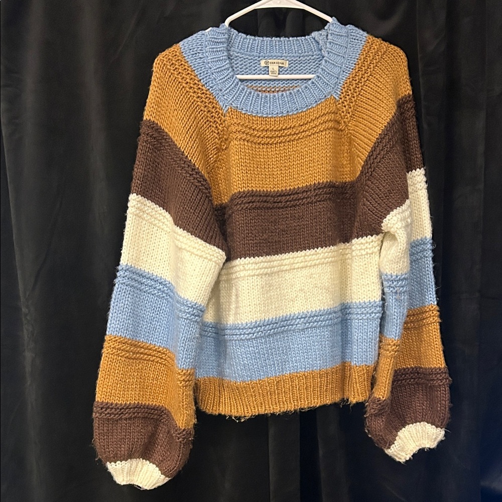 Versona Cozy Striped Sweater in Blue, Brown, and Cream